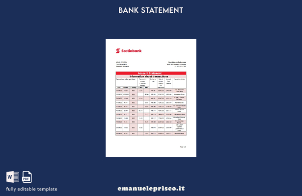 modello Excel di estratto conto bancario Bahamas Scotiabank in stile verificato